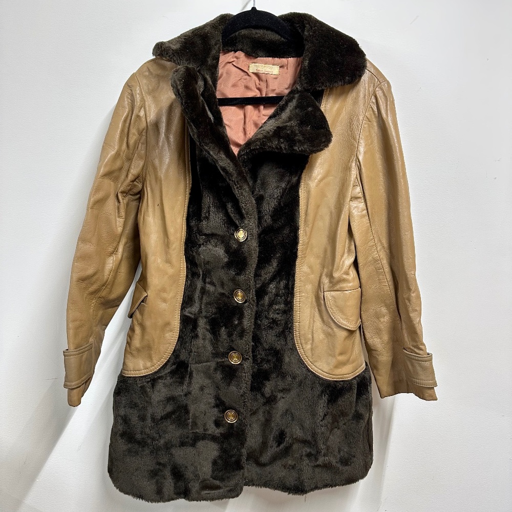 Vintage Tan Leather & Brown Faux Fur Jacket